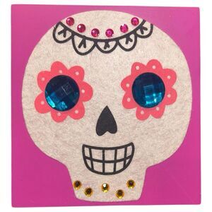 Sugar Skull Sign: 5.5"x5.5"x3/4" Pink Background with Gems